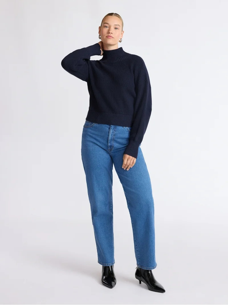 Scoop Women’s Cotton Boxy Ribbed Turtleneck Sweater, Midweight, Size XS-XXL | Walmart (US)