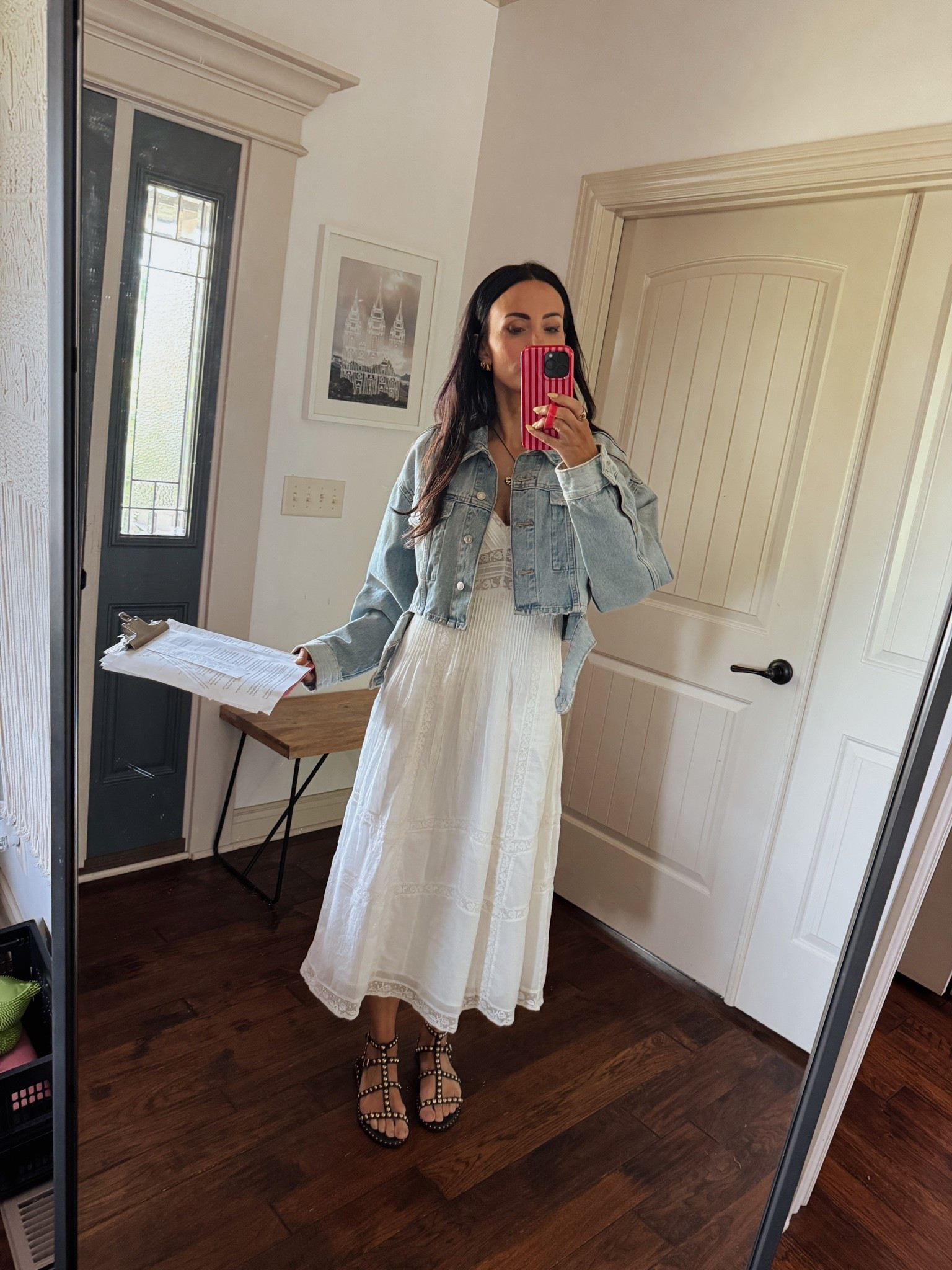 The most perfect white dress, an older denim jacket and studded sandals for church today.