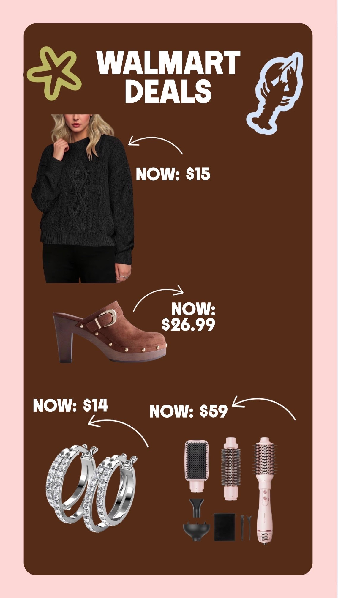 Walmart deals worth grabbing this week 🍂 The cable knit sweater is only $15, the suede studded clogs are $26.99 (so fall), and these sparkly hoops are $14. The hot air brush set is down to $59, and as a former hairstylist, I can tell you that's a steal for an all-in-one blowout. Shop it all here 🤎

#walmartfinds #walmartfashion #falloutfits #petitestyle #affordablefashion #ltkunder50 #hotairbrush