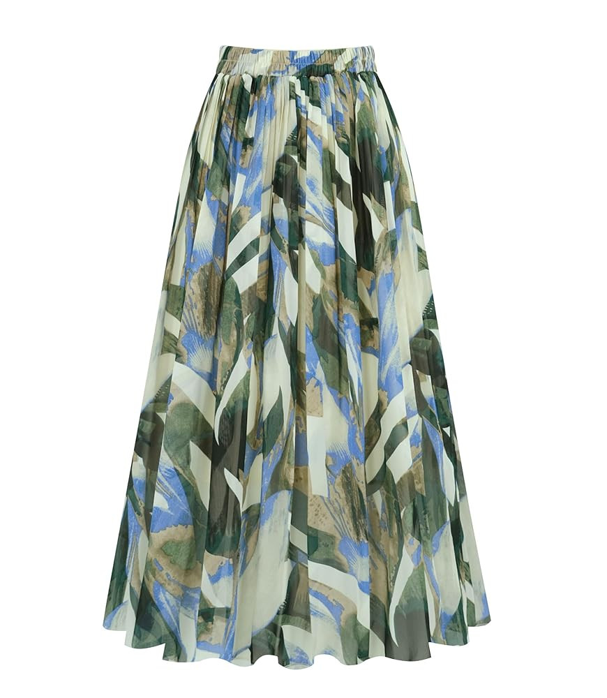 Kingfancy Women's Pleated Skirt Chiffon Elastic Waist A-Line Midi Length Skirt | Amazon (US)