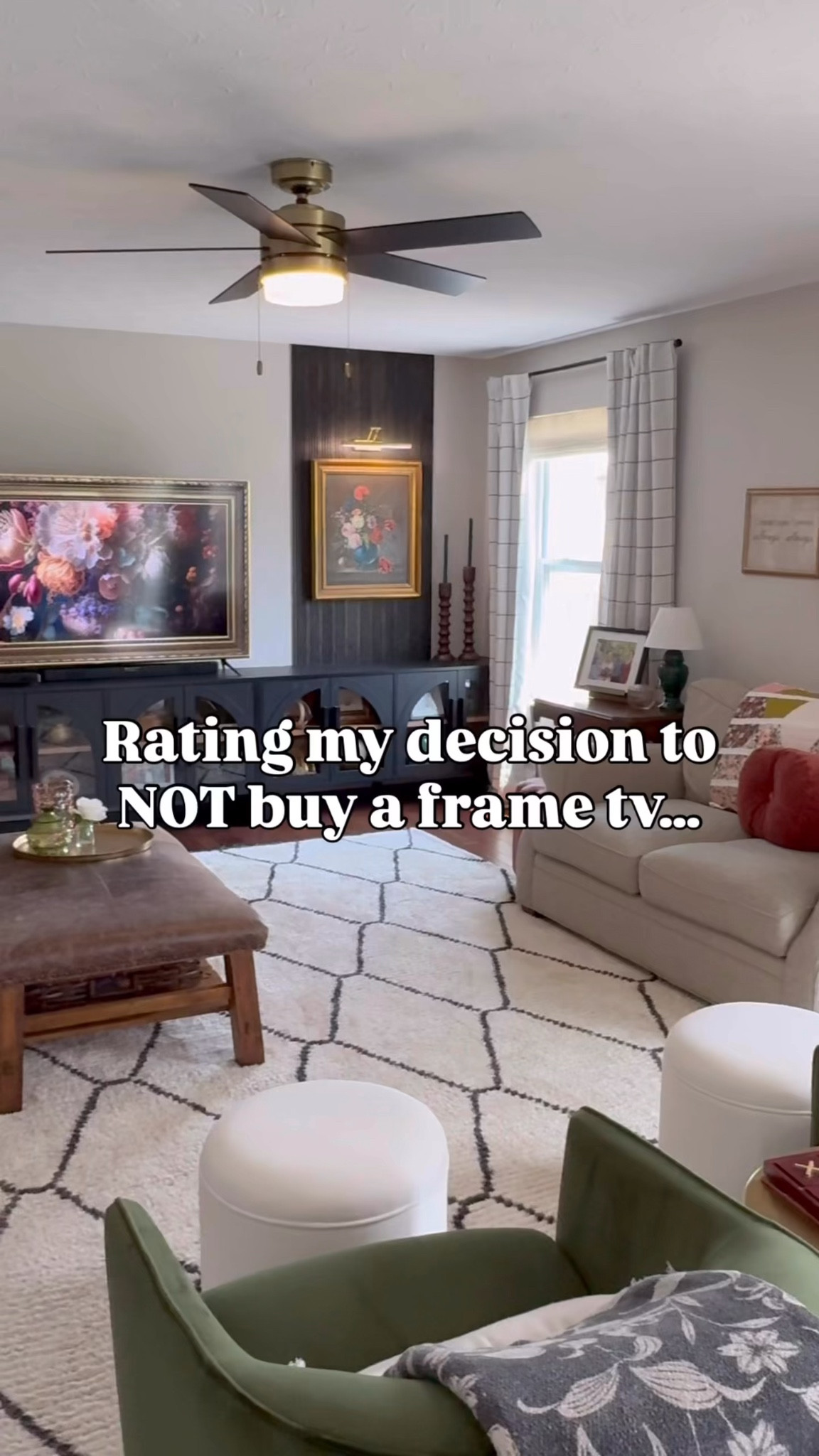 FAQs:

1. “Do you have to leave your TV on all the time & does it increase your electric bill?”
- We only leave our TV on like this when we are hosting a party or just for fun a few hours at a time. We don’t leave it on 24/7 so no, doesn’t affect our bill and that’s why I added the gold tape, so there is some kind of
“frame” even when the TV is off.
2. “What do you search to find those images?”
- I searched “vintage framed floral tv art” but you can replace floral with whatever theme you want, landscape, Christmas, etc.
3. “Doesn’t this burn the image into your TV?”
- If you left your TV on 24/7, then maybe? BUT most of the YouTube images turn off after a few hours & you can search for “slideshow” images so they switch out therefore, no burning image risk if that’s your concern.
4. “You should mount the TV”
- I’m aware this is an unpopular opinion, but I hate mounted TVs...but if you prefer that look in your home, do it!
5. “It’s not the same, you should just get a Frame TV”
- My personal fav response & it’s simple, the real frame tv is just not affordable to us. No, it’s not the same. And I’m not trying to fool anyone! This is just for a fun look at a budget anyone can afford. You don’t even have to spend the $3, the YouTube images are free!

#LTKOver40 #LTKHome #LTKFindsUnder50