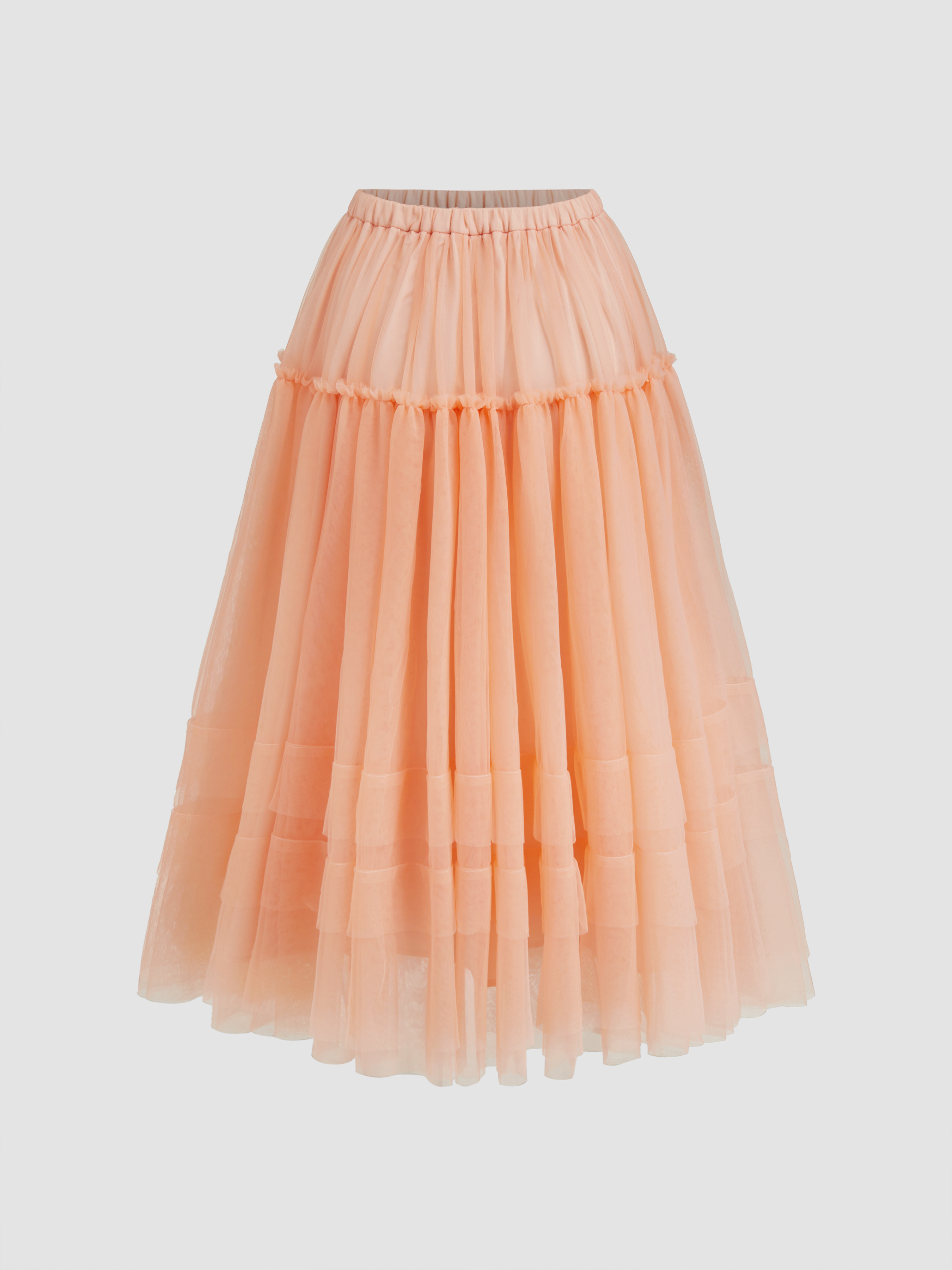 Mesh Voluminous Mesh Mid Rise Midi Skirt For Daily Casual | Cider