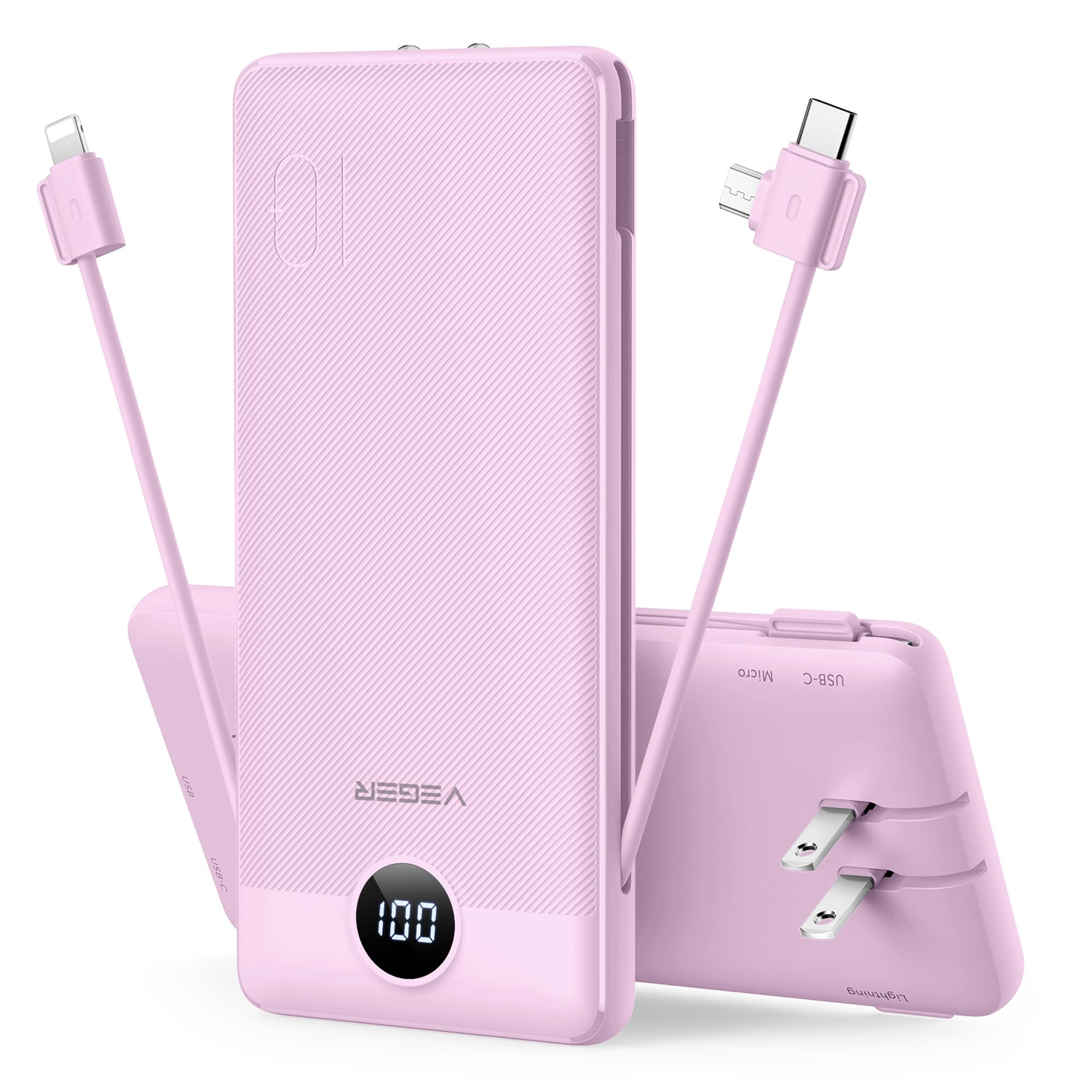 VEGER Portable Charger for iPhone Built in Cables and Wall Plug, 10000mah Slim Fast Charging USB ... | Amazon (US)