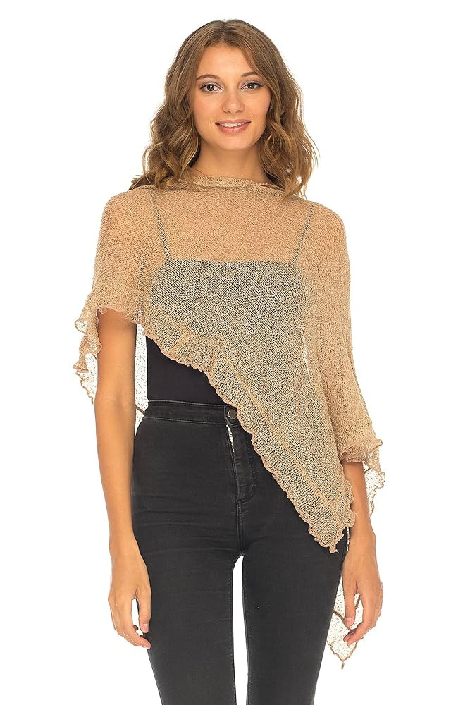 SHU-SHI Womens Sheer Poncho Shrug Lightweight Knit Ruffle Pullover Sweater Top | Amazon (US)