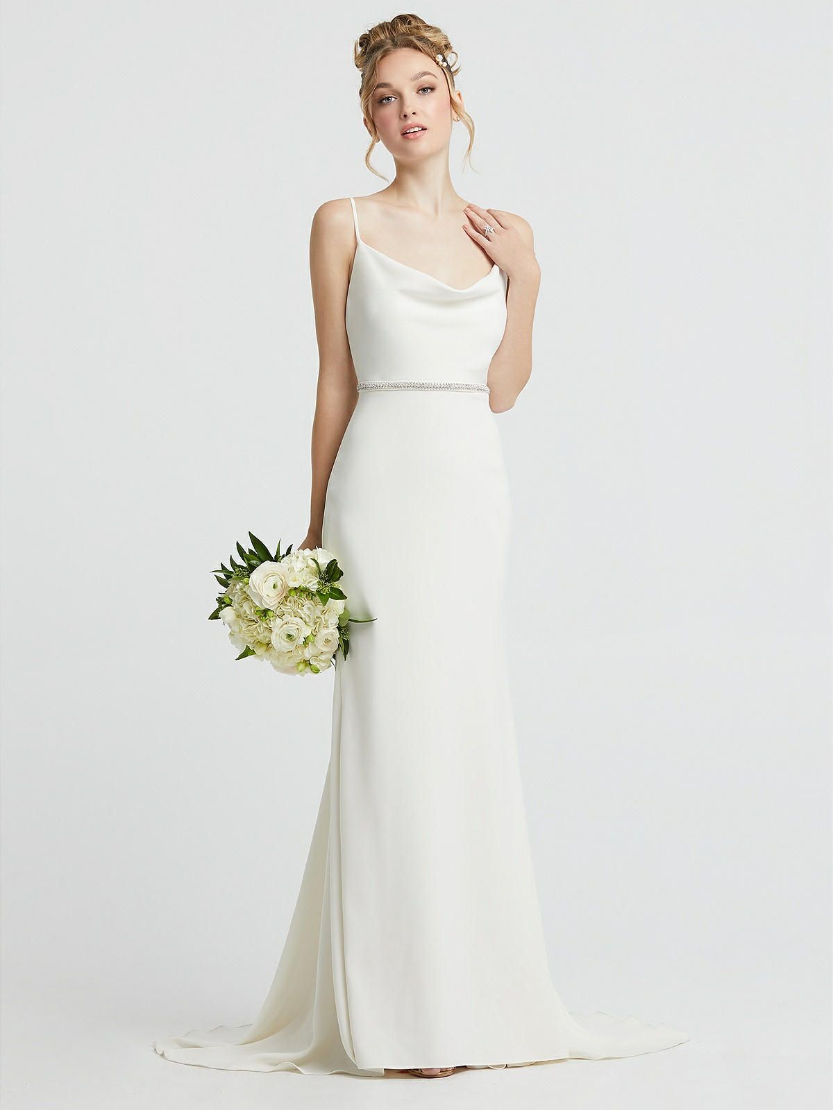 Cowl-Neck Convertible Strap Mermaid Wedding Dress with Beaded Belt | The Dessy Group