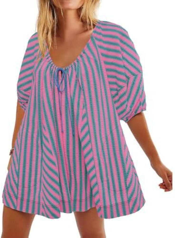 Women Y2K Puff Sleeve Striped Oversized Romper Dress Summer V Neck Overall Wide Leg Loose Jumpsui... | Amazon (US)