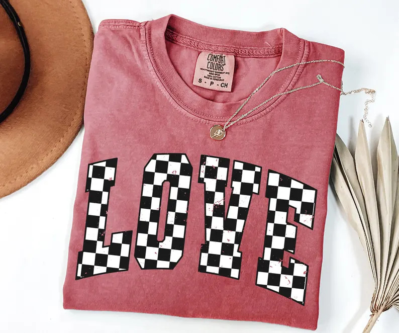 Comfort Colors® Retro Valentines Day Shirt Varsity Checkered Love Shirt Distressed Womens Valent... | Etsy (US)