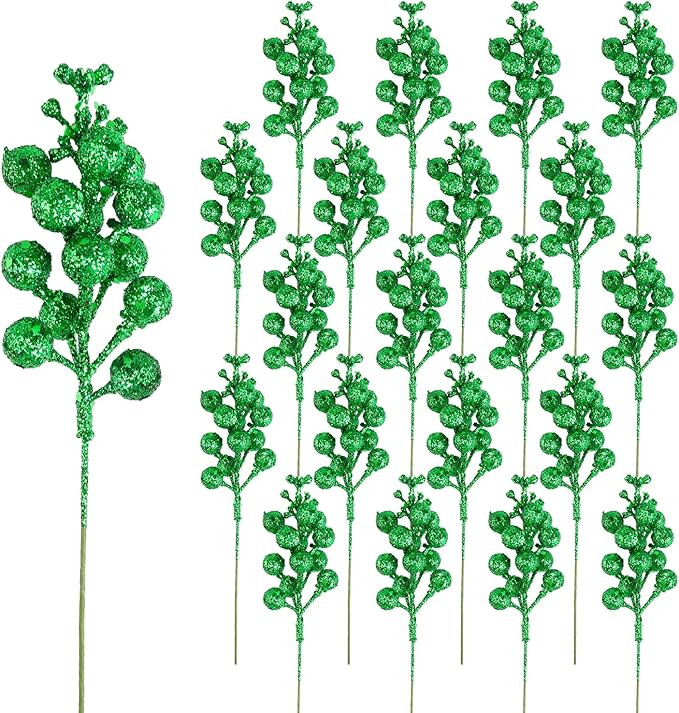 DIYASY Green Glitter Berry Stems,20Pcs Artificial Xmas Picks and Sprays Christmas Tree Filler Bra... | Amazon (US)