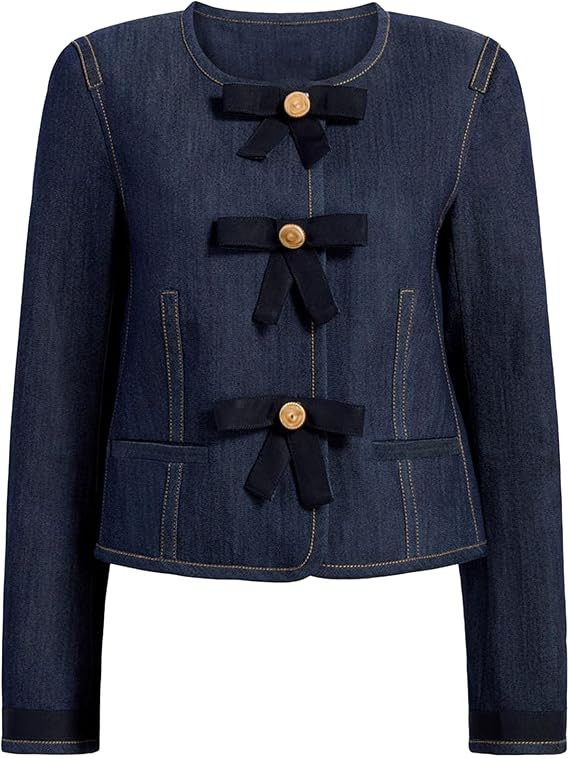 Women's Long Sleeve Cropped Collarless Jean Jacket Button Down Casul Slim Fit Y2k Bow Short Denim... | Amazon (US)