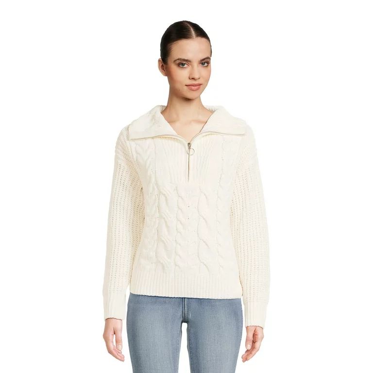 Pink Rose Juniors Half Zip Cable Pullover Sweater with Long Sleeves, Sizes S-L - Walmart.com | Walmart (US)