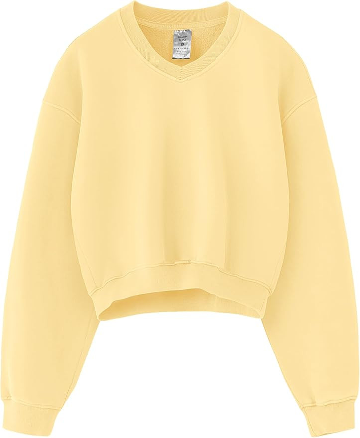 Hatant Cropped Sweatshirt for Women, V Neck Acid Wash Crop Pullover, Soft Fleece Long Sleeve Rela... | Amazon (US)