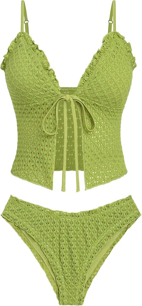 seamoly Women's Tankini Sets Tie Front Ruffle Bikini Set High Cut Thong Two Piece Swimsuit Floral... | Amazon (US)
