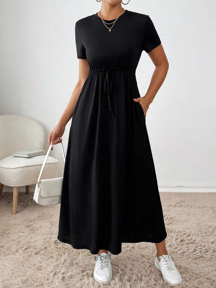 SHEIN Essnce Black Drawstring Waist Side Pocket Midi Dress  Back To School Clothes  Fall Women Cl... | SHEIN