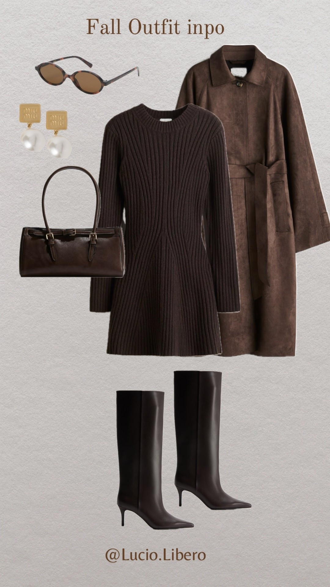 Fall chic 🍂 Cozy knit dress paired with a suede trench, tall heeled boots, and classic accessories. A timeless look you’ll wear on repeat this season. #FallOutfitInspo #ChicStyle”

	•	Fall outfit ideas 2025
	•	Knit dress fall outfit
	•	Brown trench coat outfit
	•	Tall boots outfit fall
	•	Minimal fall style
	•	Fall date night outfit
	•	Elegant fall fashion
	•	Fall capsule wardrobe essentials
	•	Chic fall outfit ideas
	•	Neutral fall fashion


	•	Ribbed knit sweater dress (in dark brown)
	•	Suede trench coat / belted coat
	•	Heeled tall boots (pointed toe)
	•	Structured brown leather handbag
	•	Sunglasses (cat eye / tortoise)
	•	Statement pearl earrings
