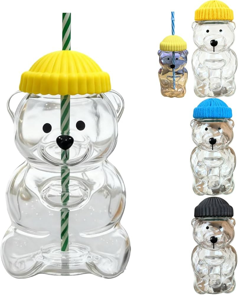 2025 New Bear Straw Cup, Bear Glass Cup with Lid and Straw, 500ml Glass Bearcup, For Coffee Beer ... | Amazon (US)