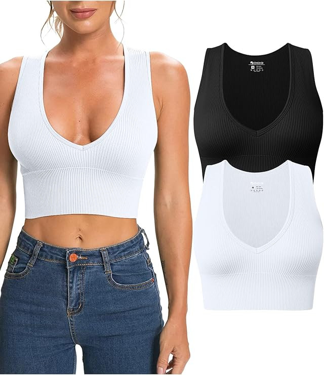 OQQ Women's 2 Piece Tank Tops Ribbed Sleeveless Sexy Deep V Neck Removable Cups Yoga Crop Tops | Amazon (US)