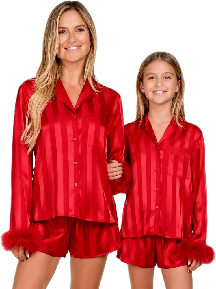 Seyurigaoka Mommy and Me Valentines Pajamas Shorts Set 2 Piece Satin Silk Matching Pjs for Mom Da... | Amazon (US)