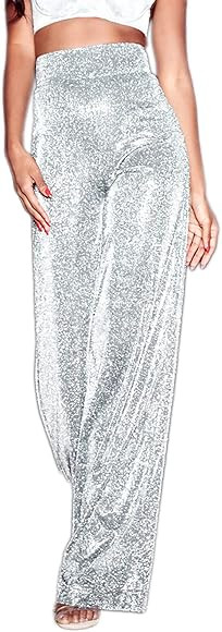 Velius Women's Sexy Metallic Sparkly Wide Leg Pants Trousers Clubwear | Amazon (US)