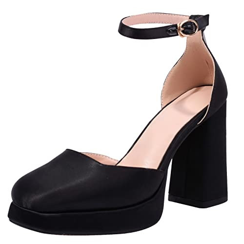 XIEDA Women's Black Platform Heels High Chunky Block Satin Heels Ankle Strap Closed Toe Pumps Shoes (9, Black) | Amazon (US)