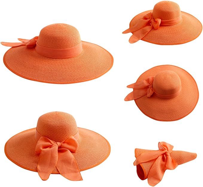 Lanzom Womens Sun Straw Hat Wide Brim Summer Hat Foldable Roll up Large Floppy Beach Hats | Amazon (US)