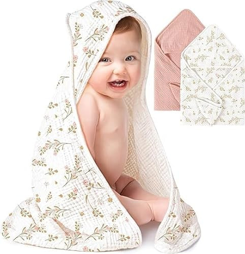 Konssy 2 Pack Muslin Hooded Baby Towels for Newborn Soft 100% Cotton Baby Bath Towel with Hood for Baby, Infant Ultra Absorbent, Baby Stuff Baby Bath Shower Gifts (Pink, Floral,30" x 30") | Amazon (US)