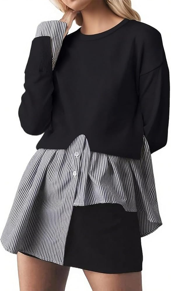 Women Slit Crewneck Patchwork Sweater Asymmetrical Hem 2 in 1 Pullover Button Down Knit Sweater S... | Amazon (US)