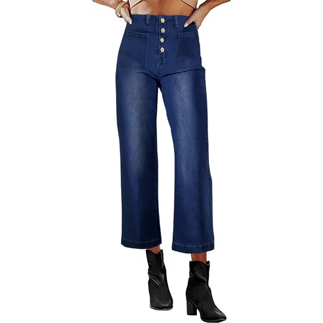 Necooer Oversize Wide Leg Stretch Jeans for Women Fashion Boyfriend Mid-Rise Denim Jeans Straight... | Walmart (US)