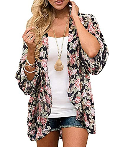 Womens Kimono Summer Cardigan Loose Resort Tops Short Sleeve Lightweight Floral Leaf Chiffon Casual Beach Swimsuit Cover Ups 117/floral S | Amazon (US)