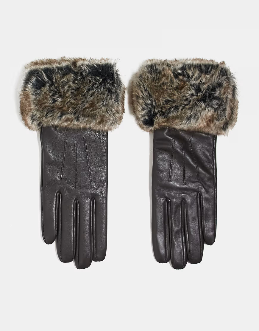 Barbour fur trimmed leather gloves in dark brown | ASOS (Global)