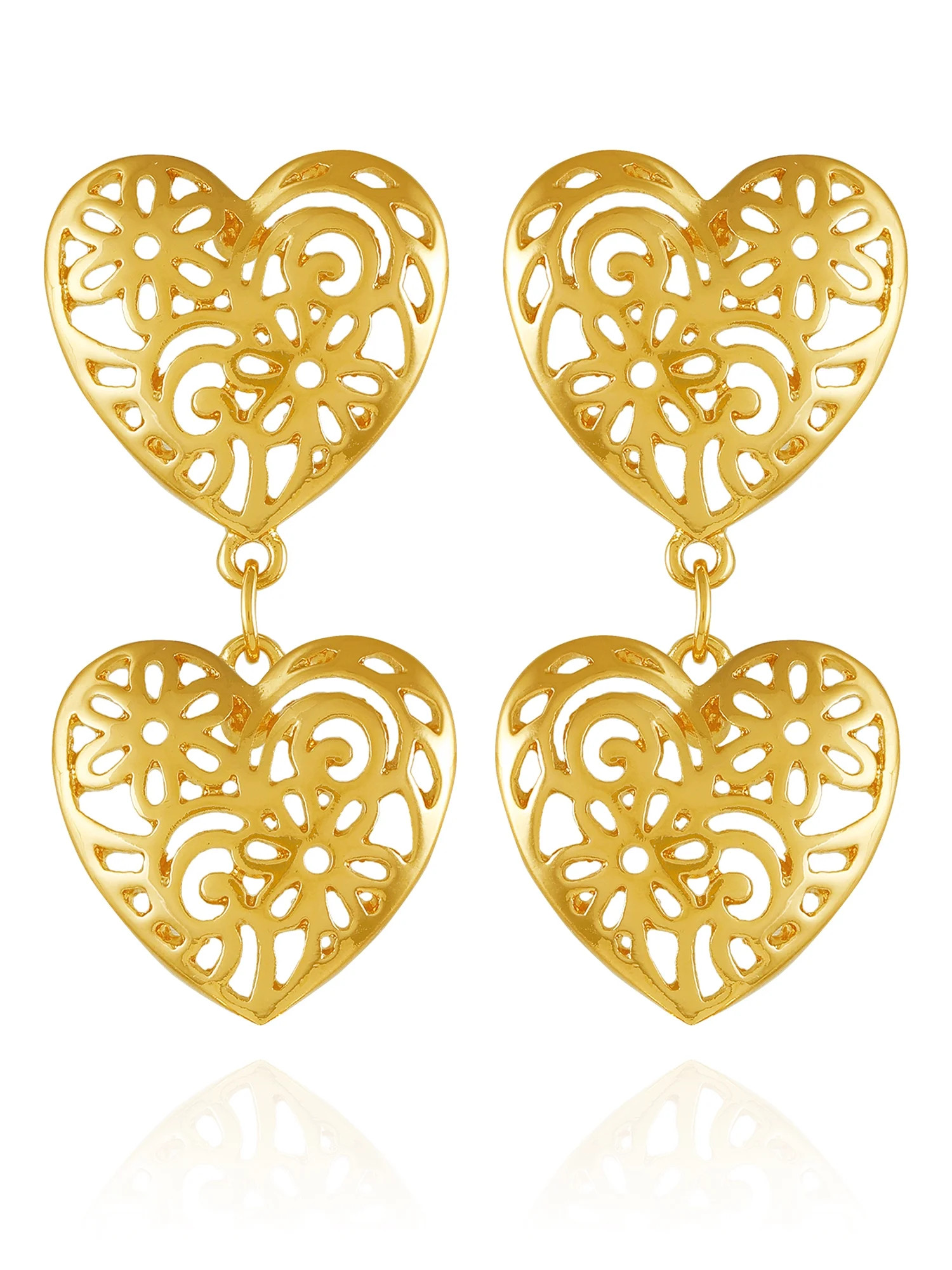 Time and Tru Women's Gold Tone Romantic Double Heart Filagree Post Earring | Walmart (US)