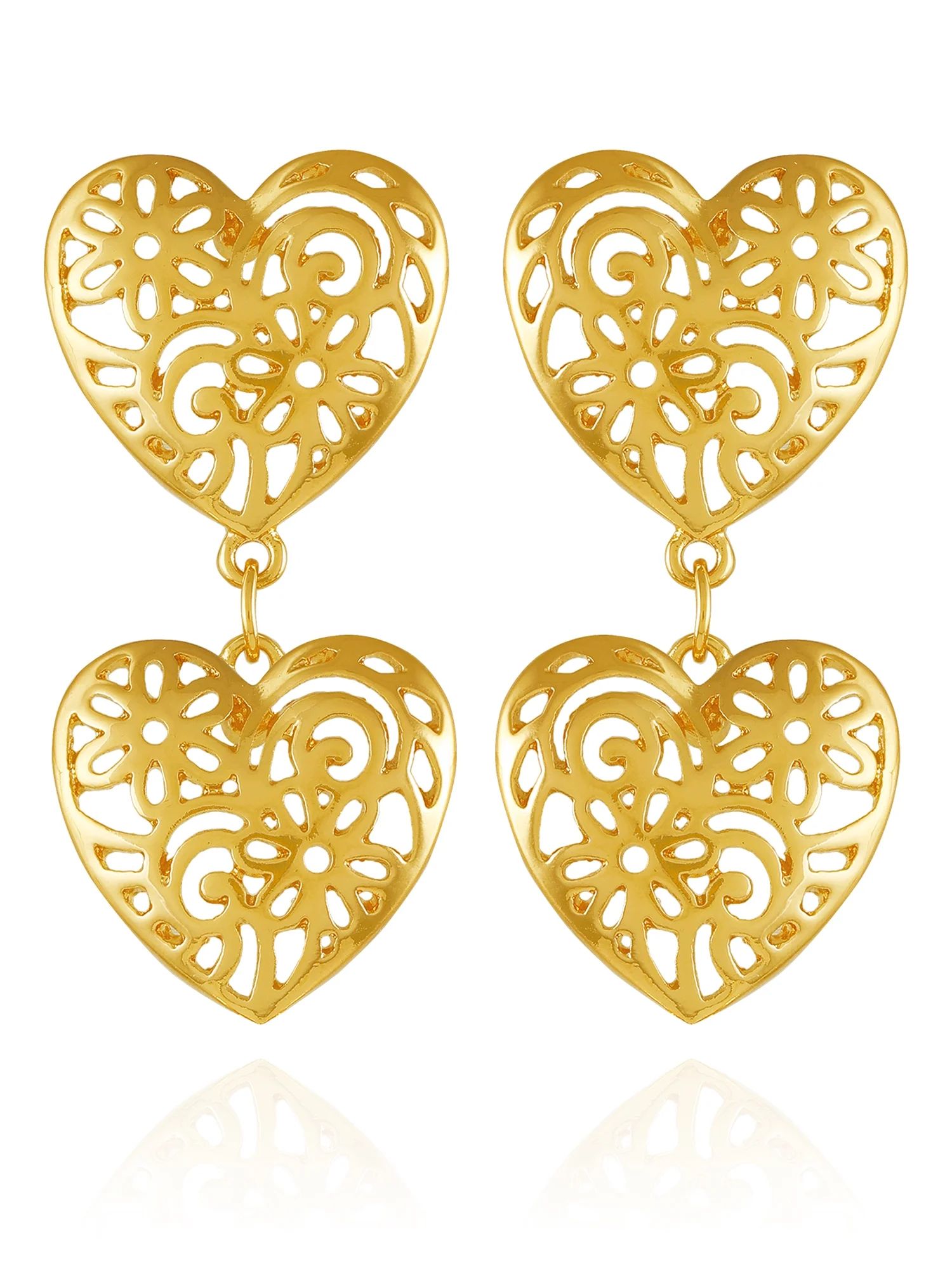 Time and Tru Women's Gold Tone Romantic Double Heart Filagree Post Earring | Walmart (US)