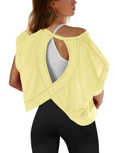SENSERISE Womens Open Back Workout Tops Backless Short Sleeve Athletic Shirt Running Crop Top Gym Yoga Tee(Light Yellow,XL) | Amazon (US)