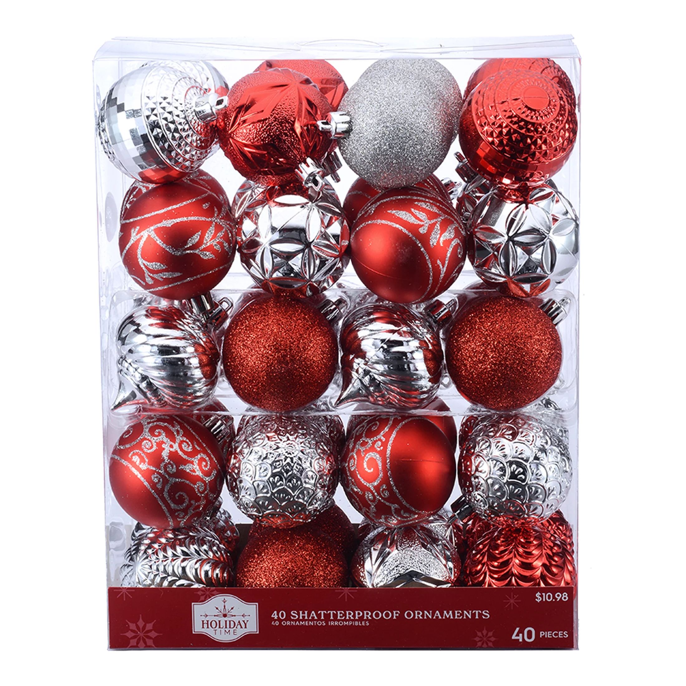 Holiday Time 60 mm Christmas Shatterproof Ornaments, Brilliant Red & Metallic Silver, 40-Count - ... | Walmart (US)