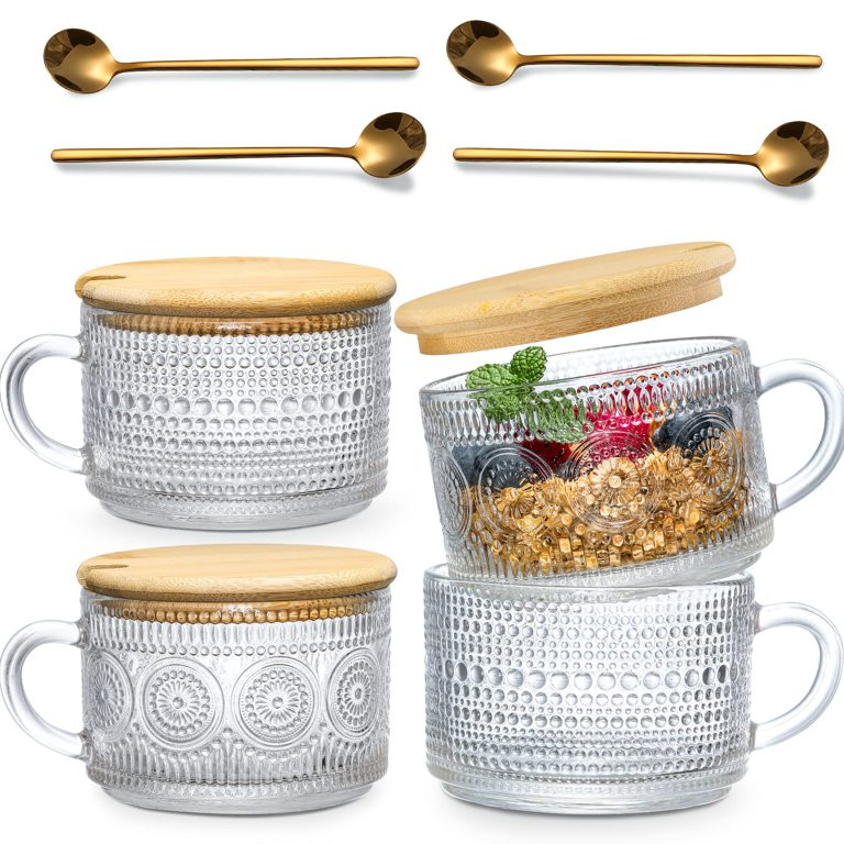 4pcs Set Vintage Coffee Mugs, Overnight Oats Containers with Bamboo Lids and Spoons - 14oz Clear ... | Walmart (US)