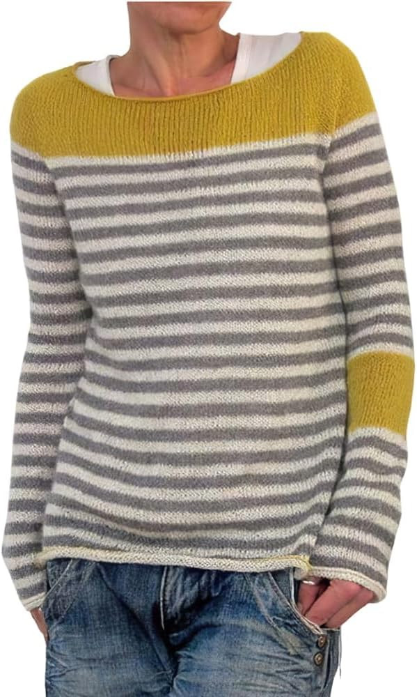 Women's Fair Isle Sweater Boho Pattern Crewneck Casual Striped Knitted Pullover Tops Oversized | Amazon (US)
