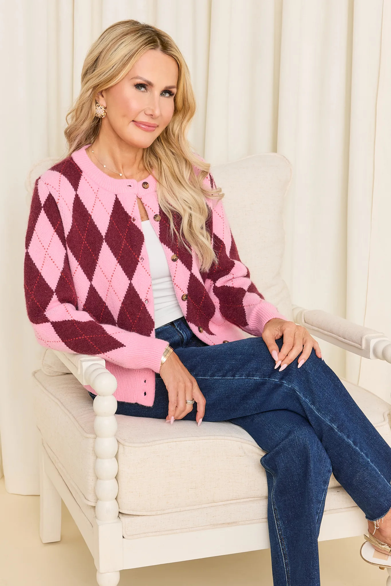 Pink Argyle Print Cardigan | Avara