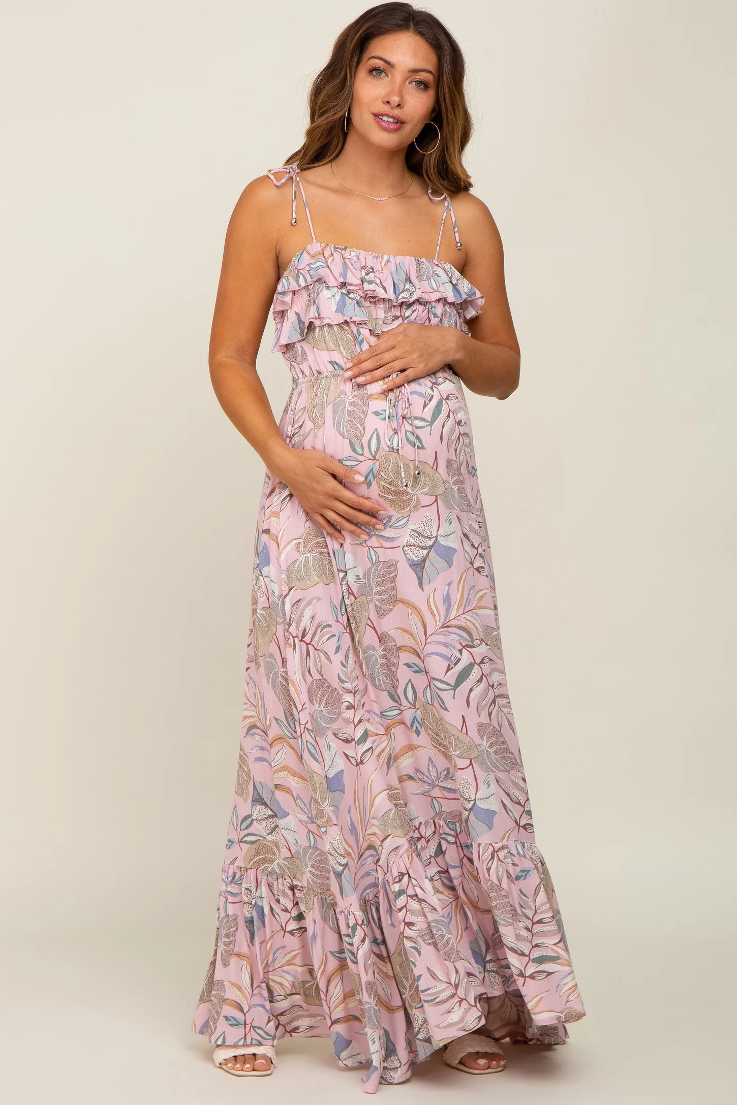 Pink Floral Ruffle Top Back Cutout Maternity Maxi Dress | PinkBlush Maternity