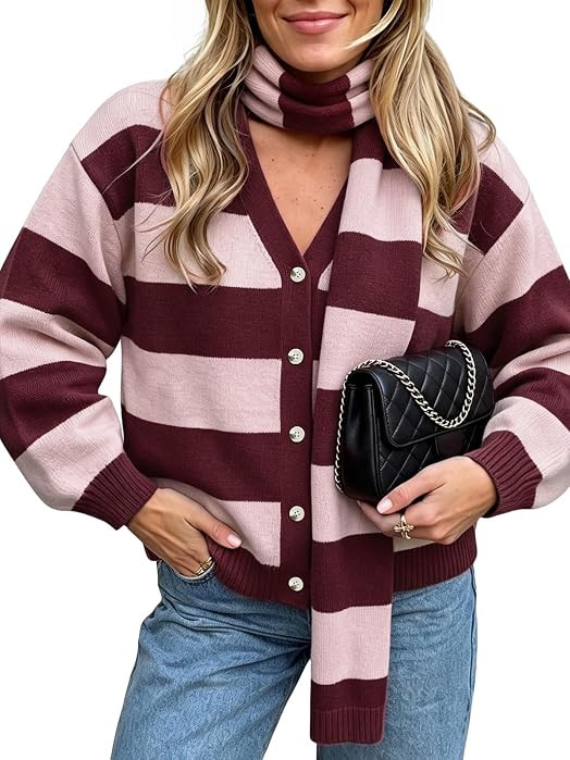 Womens Stripe Long Sleeve Cardigan Sweaters with Scarf | Amazon (US)
