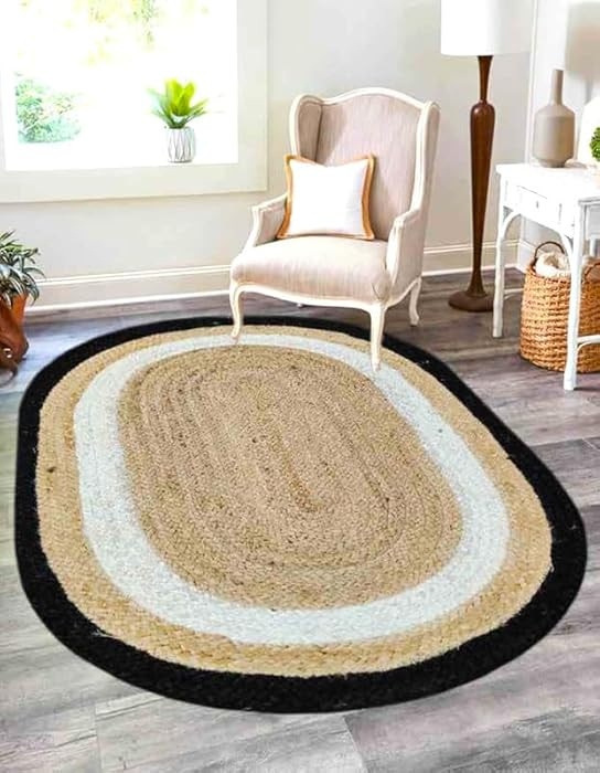 Handmade Black\u2013White & Natural Jute Rug 6x9 Ft Oval Ft | Natural Fiber Solid Design | Stylis... | Amazon (US)