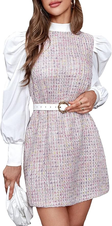 WDIRARA Women's Colorblock Plaid Stand Collar Flounce Sleeve Frill Trim Tweed A Line Mini Dress | Amazon (US)