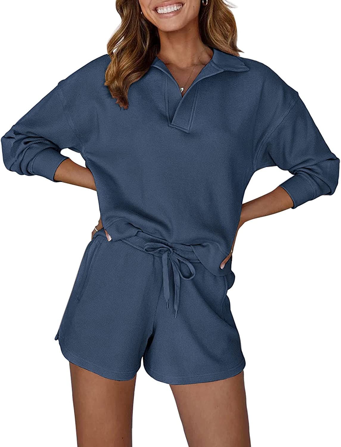 MEROKEETY Women's 2 Piece Waffle Knit Lounge Sets Long Sleeve Shorts Jogger Outfits Pjs Brickred ... | Amazon (US)