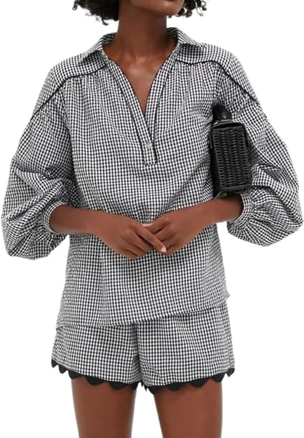 Women's Gingham Set 2 Piece Casual Elegance Round Neck Puff Short Sleeve Summer Scalloped Hem Mat... | Amazon (US)