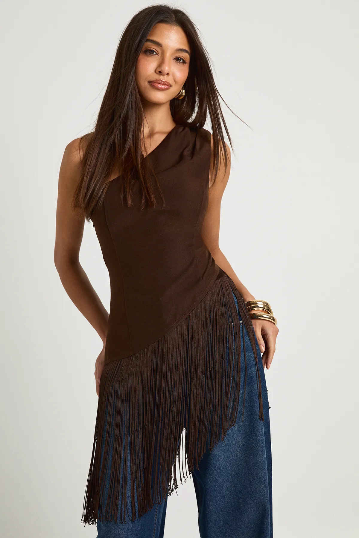 Crepe Asymmetric Fringed Top | boohoo (US & Canada)