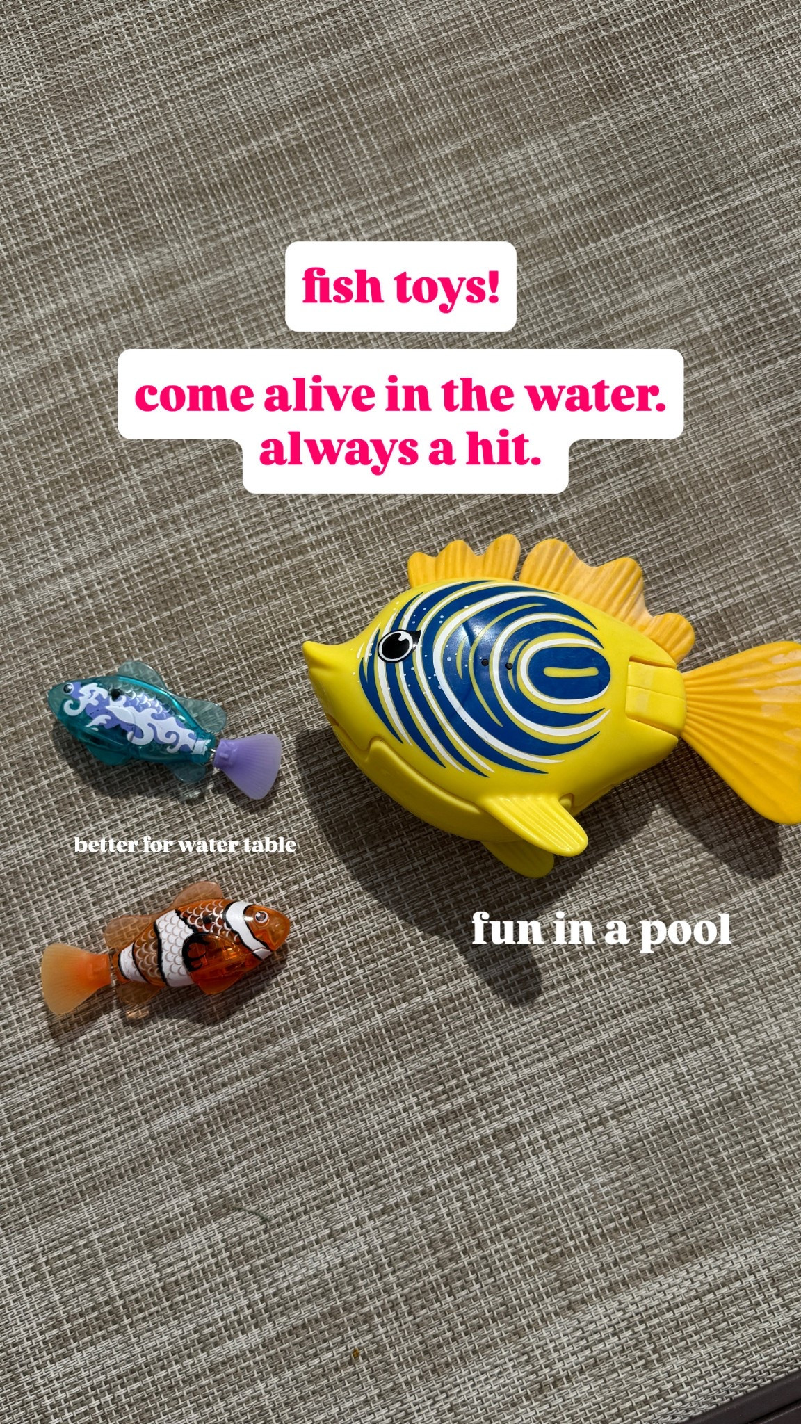 🐠 fish toys! 🐠
these little swimmers come to life in the water and somehow entertain all three kids at once. major miracle. the robo fish are best for our water table, but the big rainbow reef one is perfect for the pool. total hit every single time.

linked both exact ones if your kids love pretending they’re scuba divers / fish rescuers / underwater explorers 🐟💦

—

robo alive fish toy, robo fish for water table, best water toys for toddlers, swimways rainbow reef fish toy, battery powered pool toys, backyard summer toys, swimming fish toy amazon, toddler pool toys, water table fish toys, robotic fish kids toy, summer backyard ideas for toddlers, interactive pool toys, water play toys preschoolers, fish toys for sensory water play
