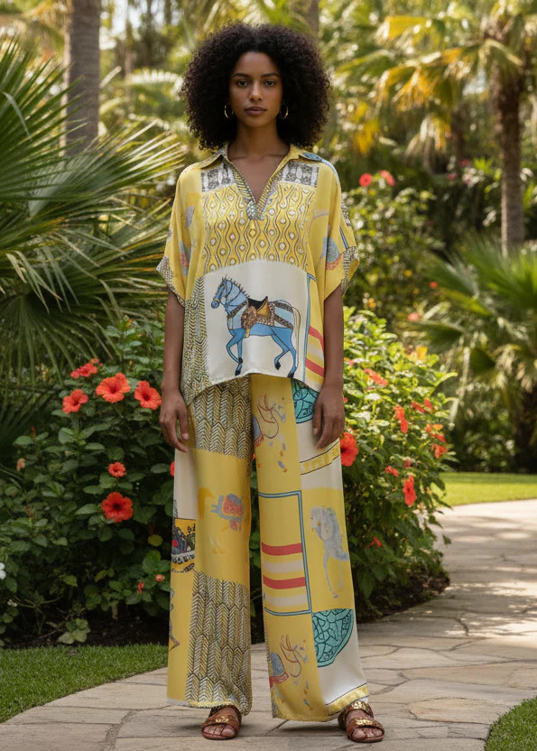 Amara Equestrian Print Silky Pants - Yellow | Benaar La