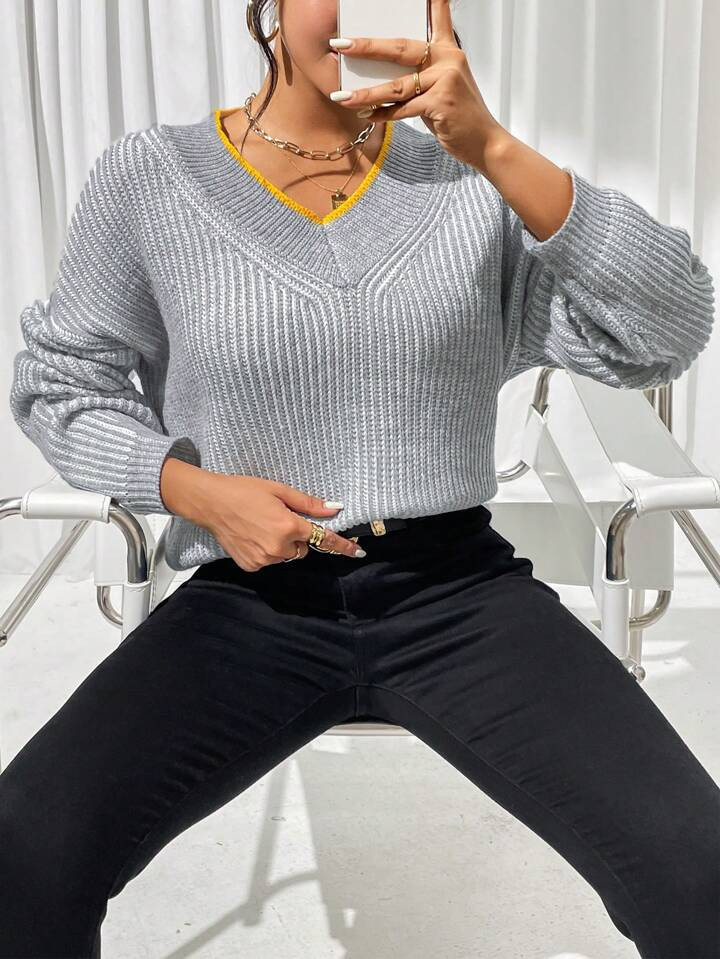 SHEIN Privé Contrast Binding Drop Shoulder Ribbed Knit Sweater | SHEIN