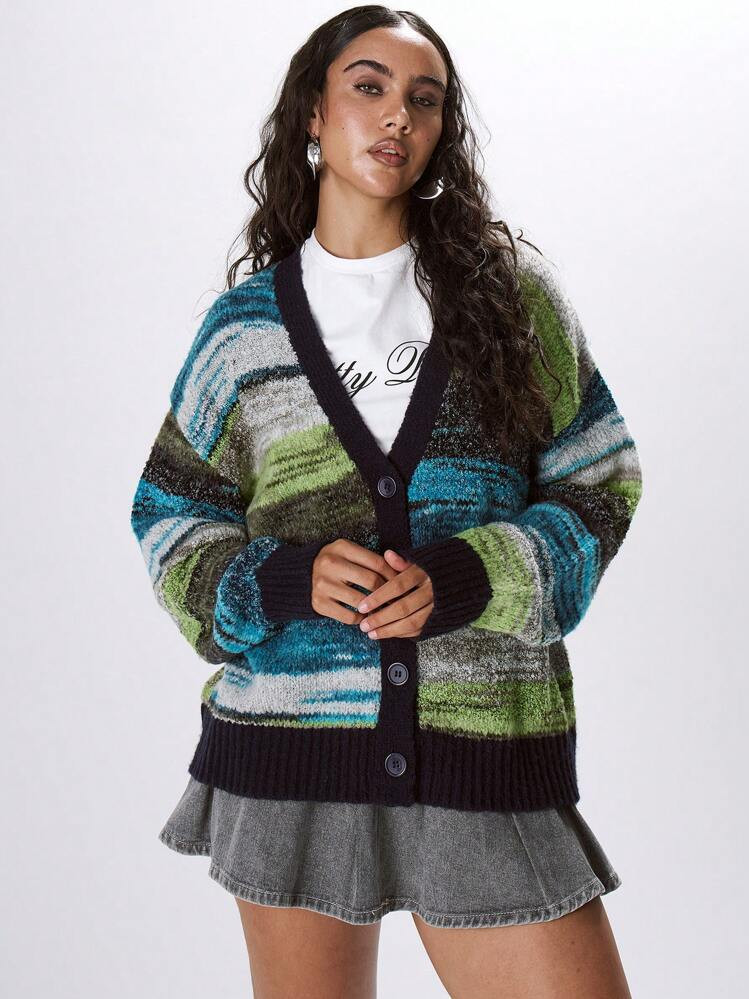 MUSERA Contrast Binding Marble Knit Cardigan Spring Casual Y2k 90'S Stripe Oversized Airport Holiday Fall Back To School Autumn Winter Everyday Christmas Work Office Christmas Chic | SHEIN