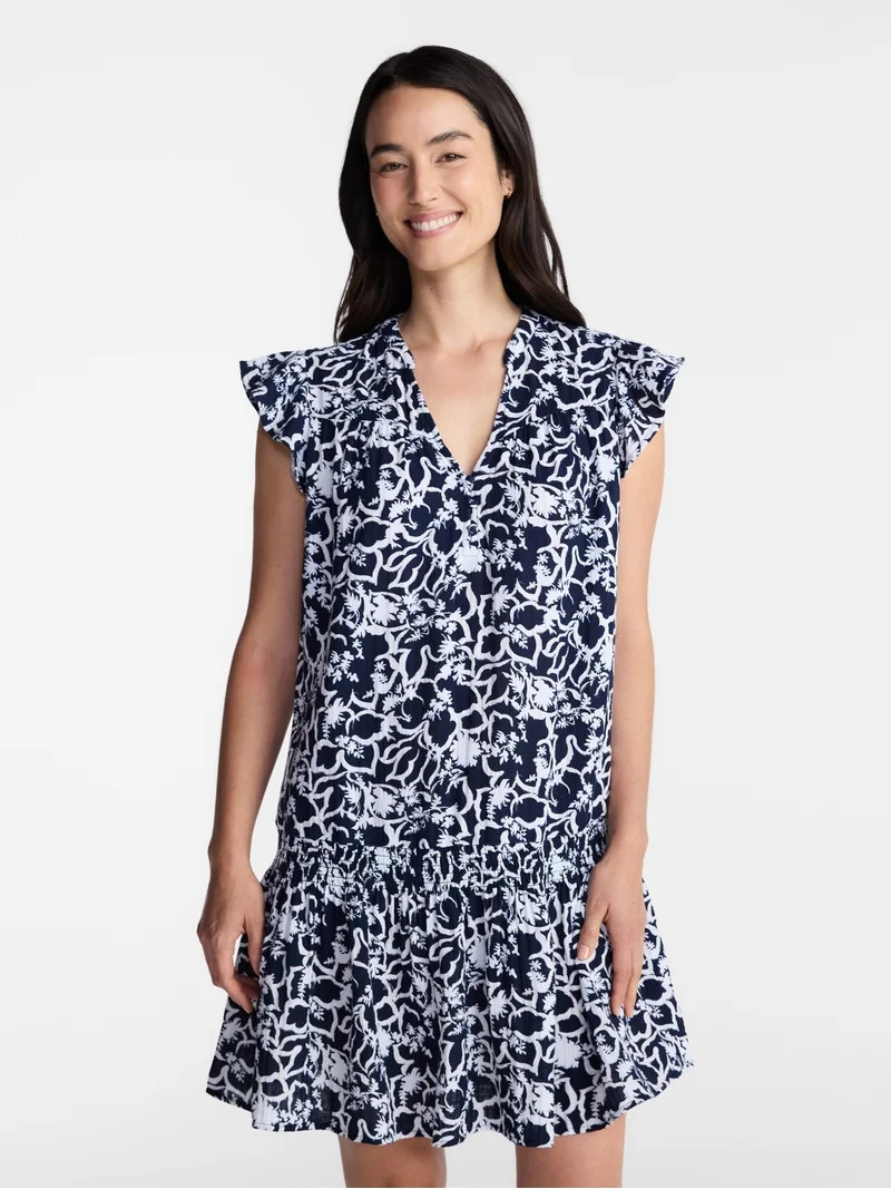 Time and Tru Women's Double Cloth Mini Dress with Flutter Sleeves, Sizes XS-XXXL | Walmart (US)
