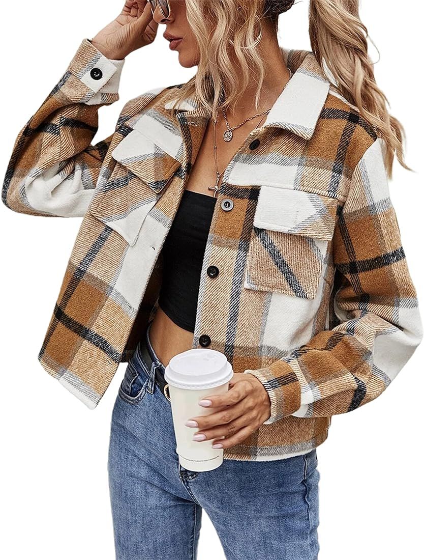 Yidarer Women's Casual Lapel Flannel Plaid Drop Shoulder Crop Shacket with Pockets | Amazon (US)