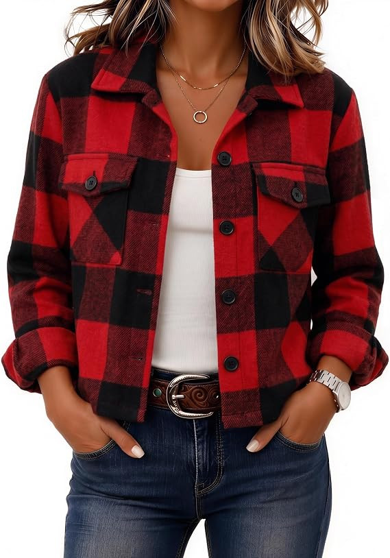 Zeagoo Flannels for Women Cropped Shacket Jacket Fashion Plaid Fall Coat | Button down crop jacke... | Amazon (US)